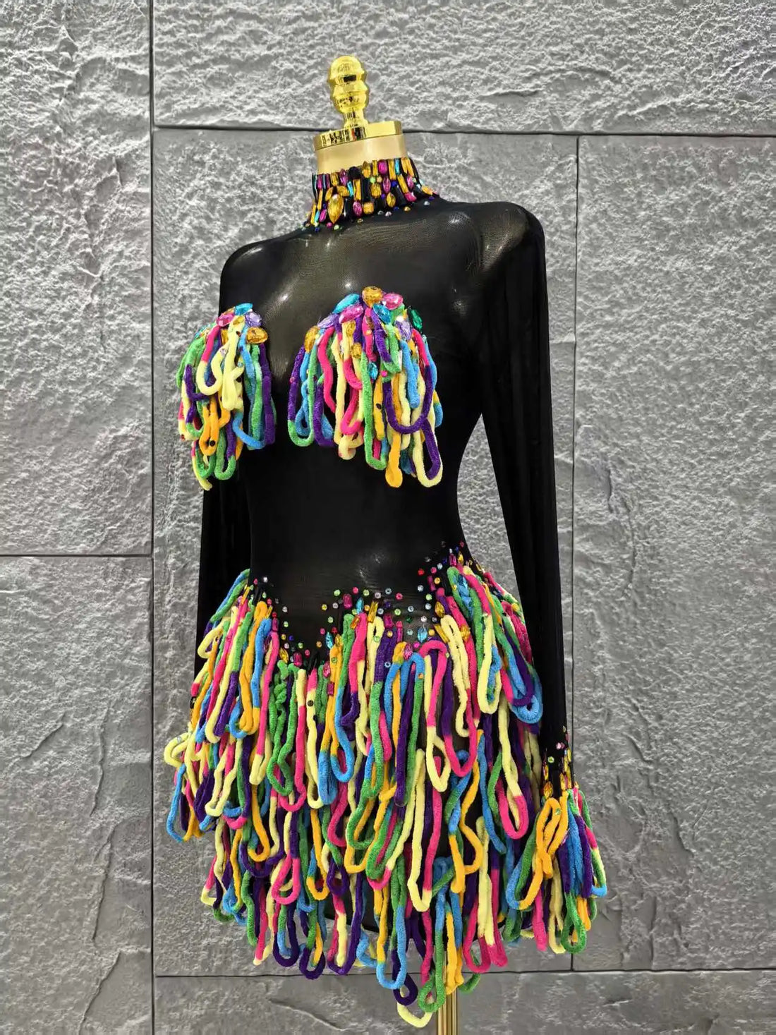 Black Color Women Long Sleeve Sexy Mesh See Through Bodycon Mini Dress Colorful Tassels Nightclub Party Performance Stage Wear