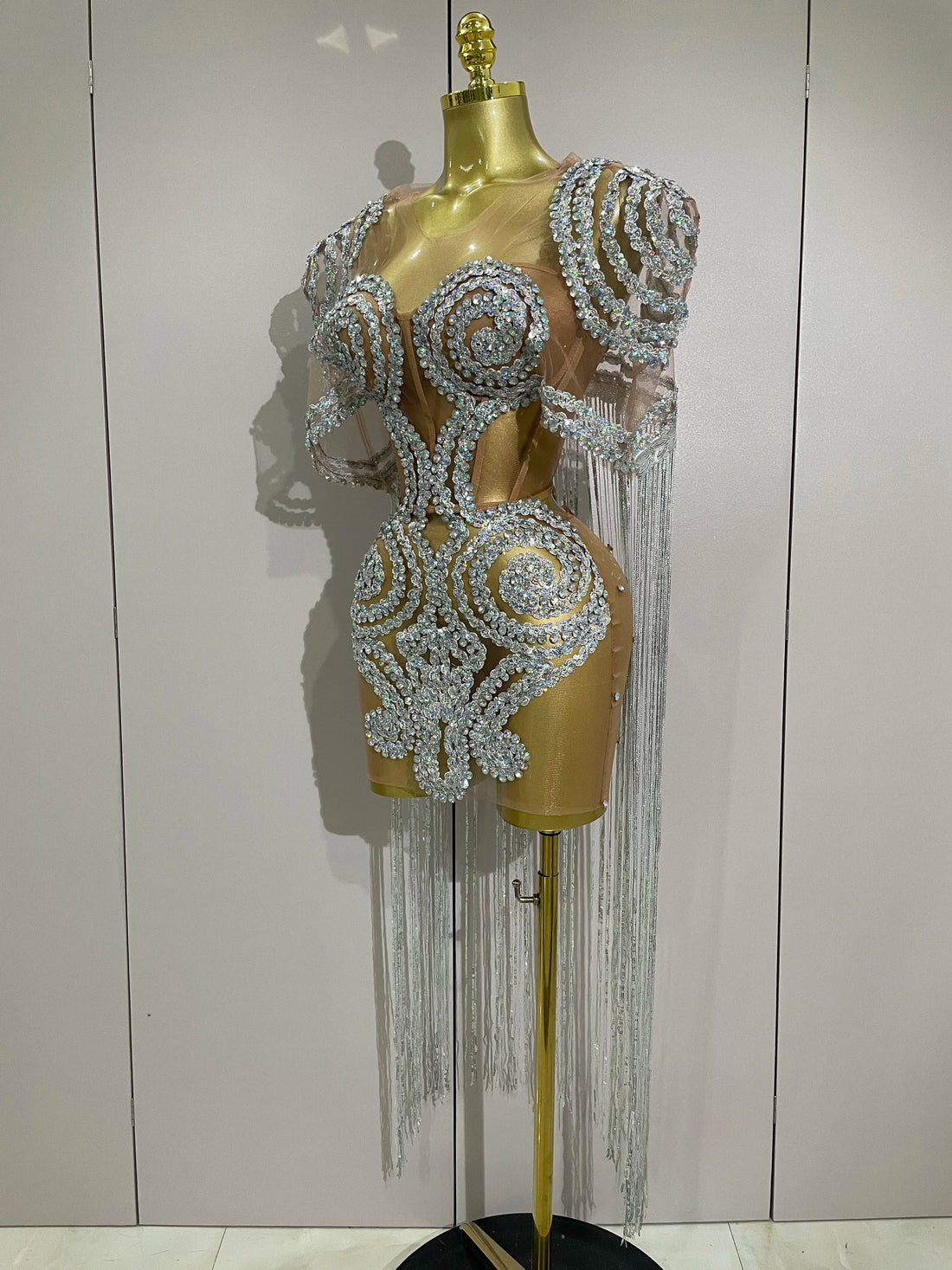 Sparkly Rhinestones Sequins Sexy Mesh Tassels Cape Short Dress  Women Evening Birthday Party Nightclub Stage Costume