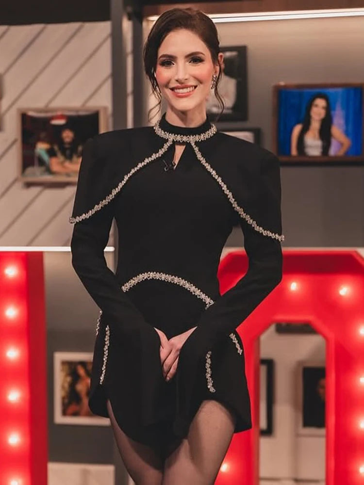 VC Elegant Black Long Sleeved Bodycon Mini Dress with Crystal Adorned Seams for a Special Event Gown