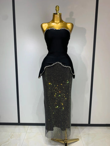 Black Design Sleeveless Rhinestone Top + Hot diamond Skirt Suit Evening Party Dress Nightclub Luxury Birthday Gown