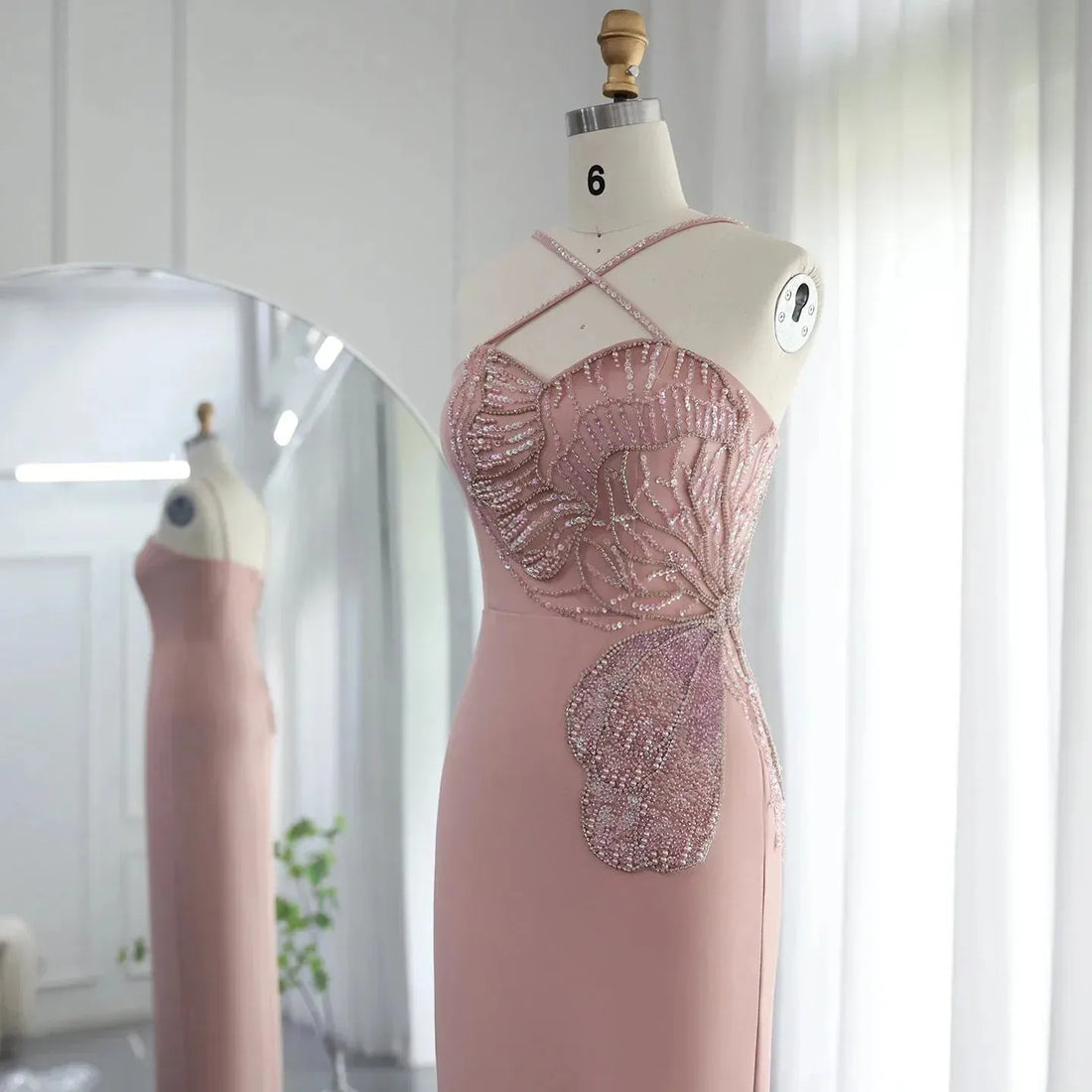 Arabic Crisscross Straps Pink Evening Dress Luxury Butterfly Beaded Slit Dubai Women Wedding Party Gowns Evening Dress