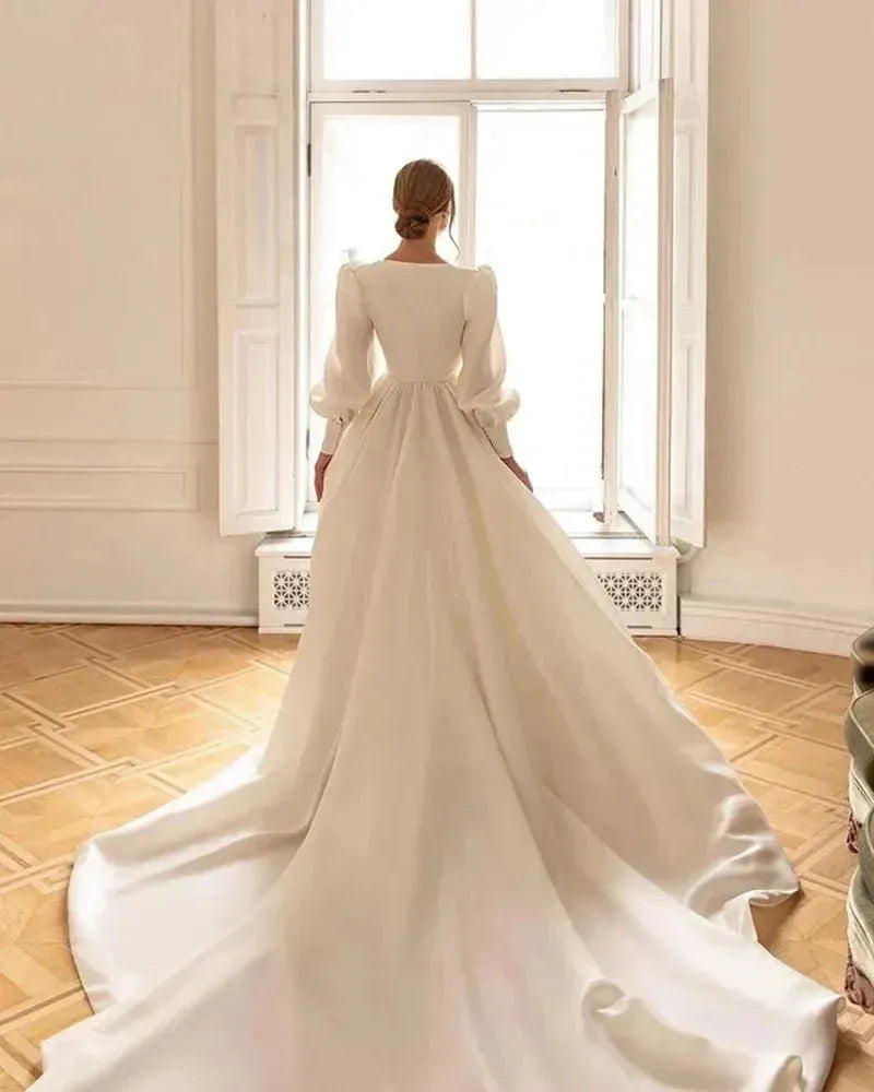 Graceful Satin Wedding Dresses With Detachable Coat Square Collar Bridal Gowns Long Puff Sleeves Vestidos De Novia Custom Colors Satin