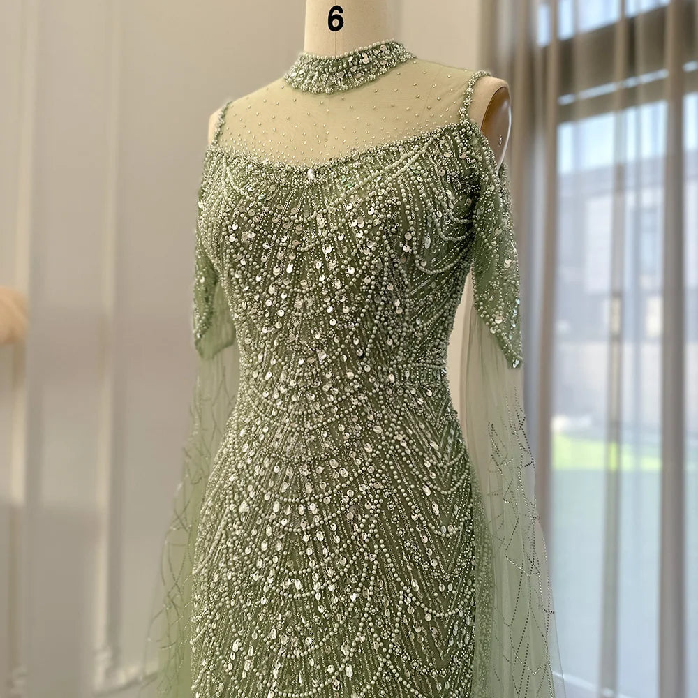 Sage Green Mermaid Luxury Dubai Evening Dress with Cape Sleeves Elegant Women Purple Wedding Formal Party Gown