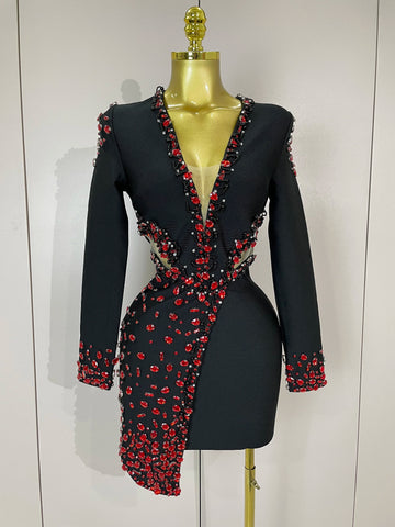 Women Celebrity Sexy Long Sleeve V Neck Rhinestone Black Bandage Dress  Elegant Evening Club Luxury Birthday Party Dresses