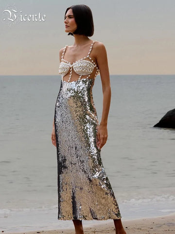 VC Chic Sequin Pearl Detailed Cut-Out & Straps Dress for Trendy Parties Evening Gown