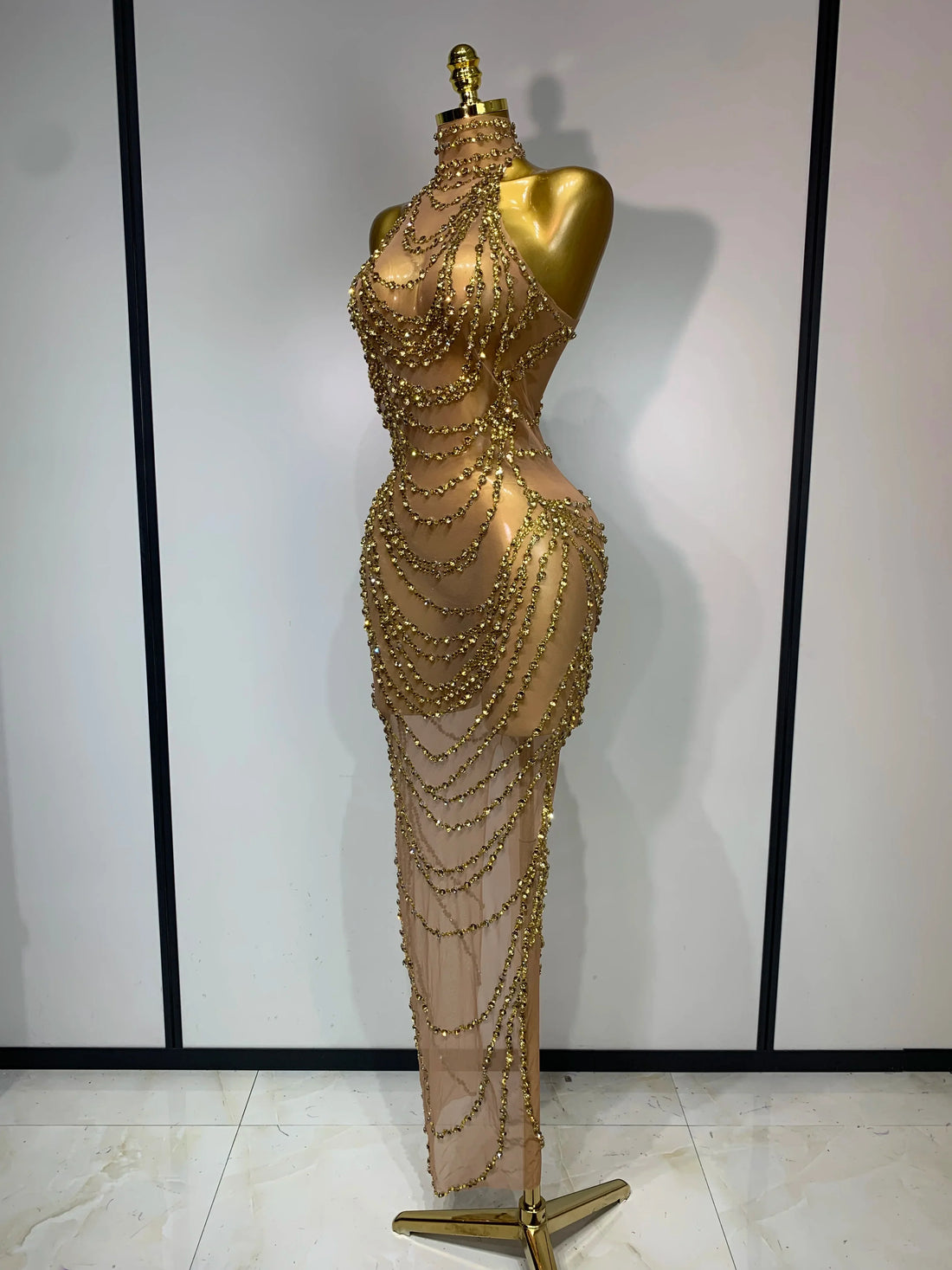 Sparkly Rhinestone Sexy Transparent Mesh Long Dress  Women Luxury Birthday Club Party Gown Stage Singer Performance Costume