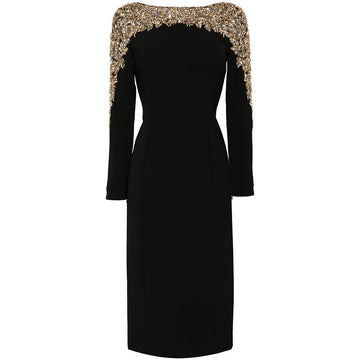 Luxury Black Red Color Women Long Sleeve Beading Handmake Slim Mid-calf Dress Elegant Evening Party Cocktail Outfit Vestido