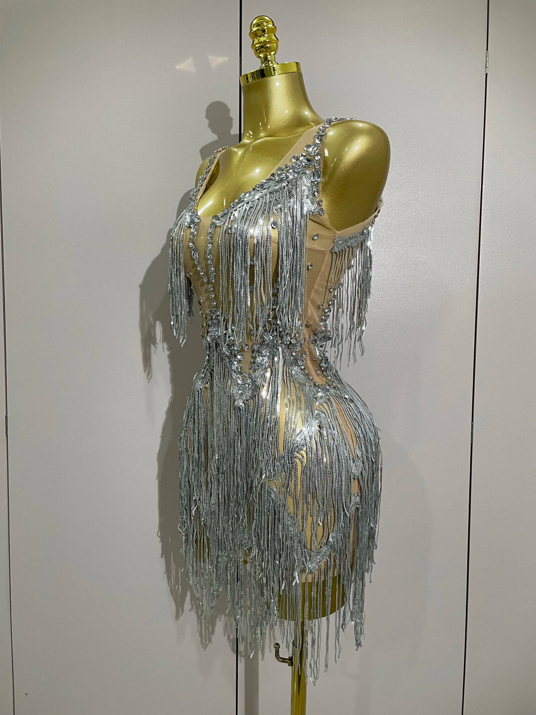 Sparkly Rhinestone Tassels Sexy Mesh Mini Dress  Women Evening Birthday Party Dresses Nightclub Performance Stage Costume