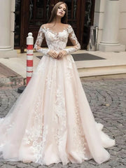 Vestidos de noiva requintados para mulheres A-line Luxury Bridal Vestys Apliques de renda de mangas compridas O-pescoço vintage vestidos de Novia