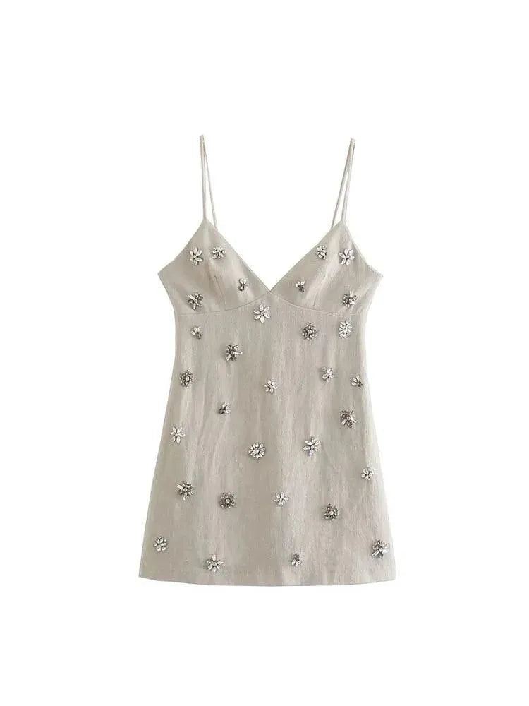 Nlzgmsj TRAF Women Chic Fashion Sleeveless Lnlay Mini Dress Vintage Thin Straps Summer Female Dresses Vestidos Mujer