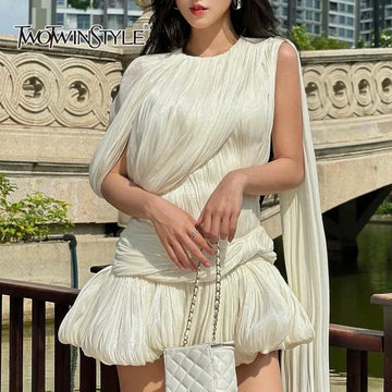 Solid Slimming Fashion Dresses for Women Round Neck Short Sleeve Patchwork Folds Irregular Temperament Dress Female