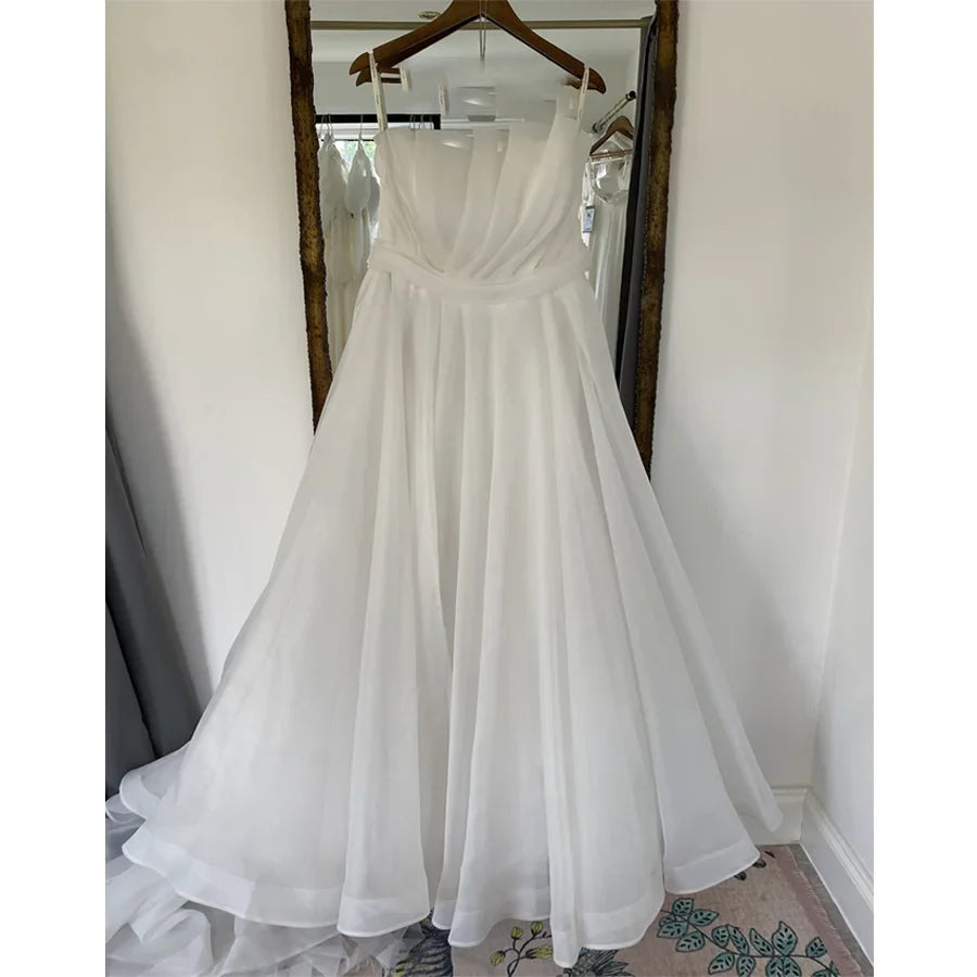 Boat Neck Detachable Puff Sleeve  Pleats A-Line Wedding Dresses Bridal Gowns Vestido De Noiva Custom Made