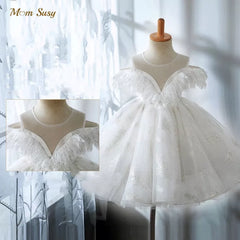 Baby Girl Princess Lace Fly Sleeve Tutu Dress Spädbarn Toddler Teen Vintage Vestido Party Pageant Birthday Baby Clothes 1-14Y