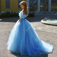 Robe de soirée Blue Princess Off the épaule Lace Up Back Robes de bal Robes en dentelle Applique Tulle magnifique robes de fête formelles Vestido D