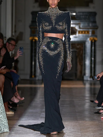 New Autumn Women Shinning Rhinestones Long Sleeve Sexy 2 Pieces Long Set Elegant Evening Party Runway Red Carpet Women's Set