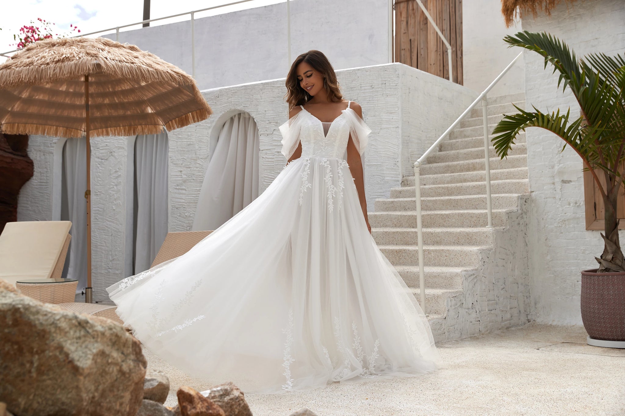Vestidos De Novia Boho Wedding Dresses for Bride 2024 A Line Tulle Lace Wedding Gowns Plus Size Beach Bride Dresses