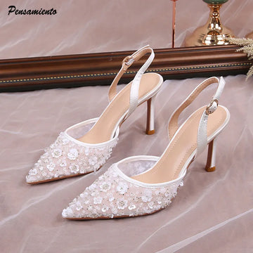 Fashion Sequined Lace Flowers Women Pumps Elegant Pointed toe Satin Wedding Thin High heels Summer Female Party Bridal Shoes