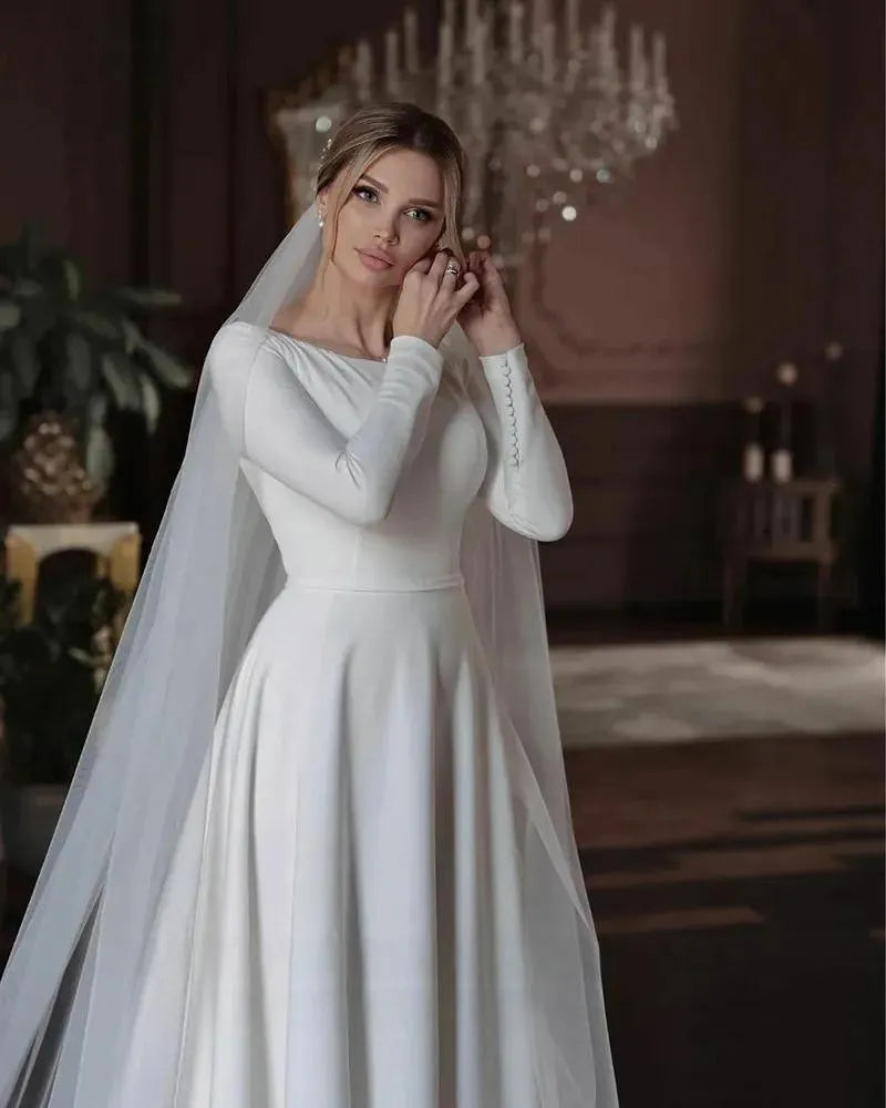Princess Wedding Dresses Satin Long Sleeve Buttons Wedding Bride Dresses Muslim Wedding Gown Covered Back Vestido de novia Satin