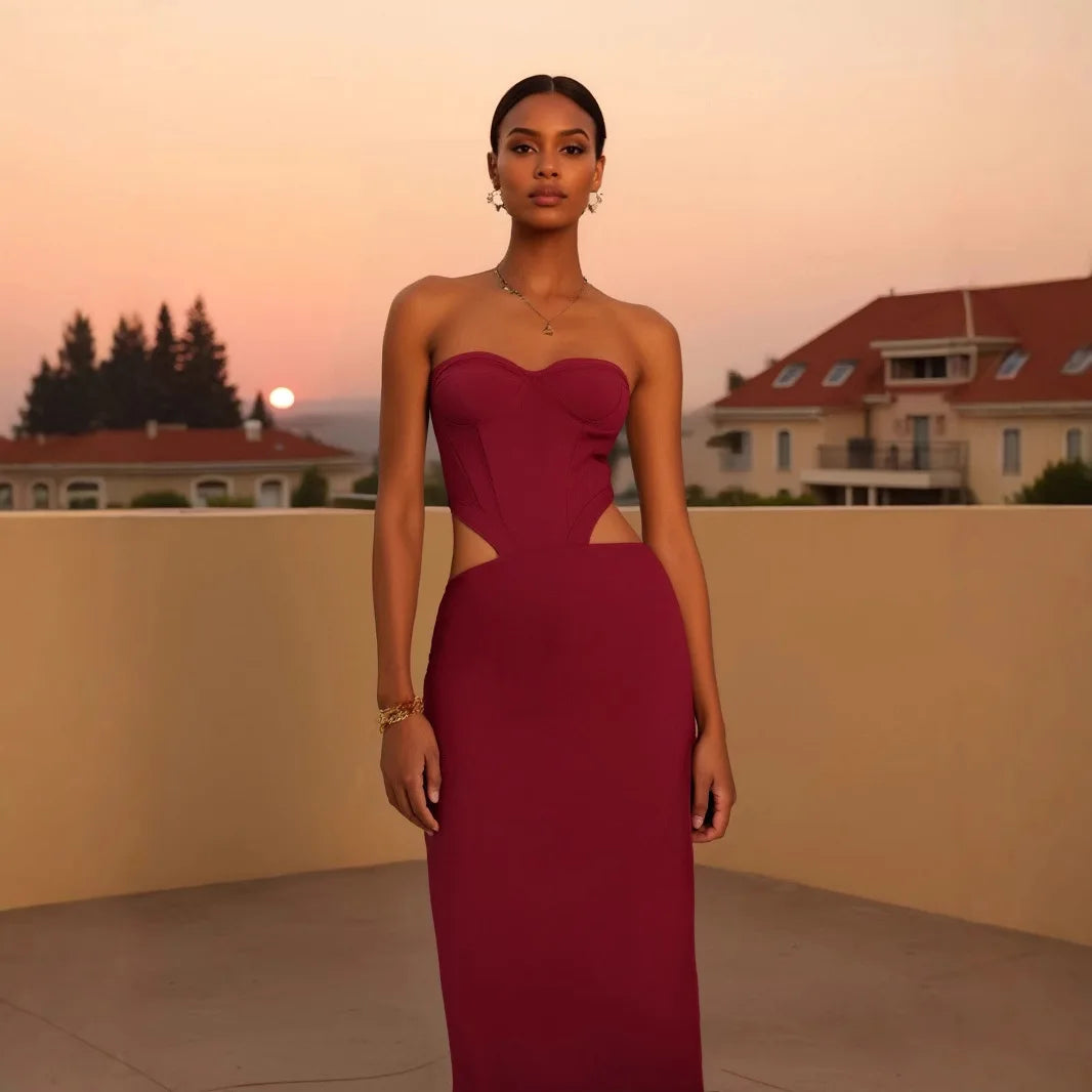 Women Sexy Strapless Hollow Out Waist Bodycon Long Bandage Dress Wedding Mermaid Celebrate Birthday Party Outfit