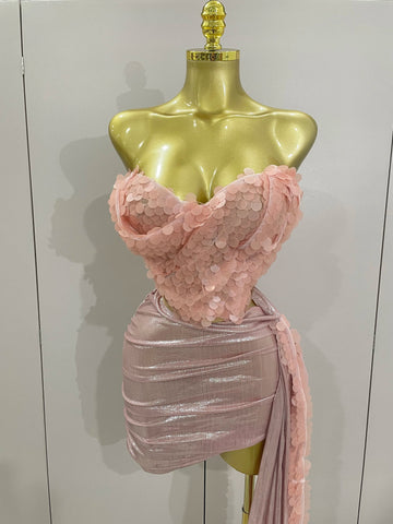 New Sexy Pink Sequin Strapless 2 Pieces Bodycon Mini Dress Women Celebrate Birthday Party Bar Singer Nightclub Stage Costume