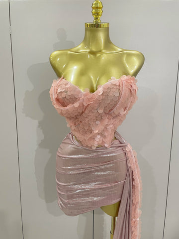 2025New Sexy Pink Sequin Strapless 2 Pieces Bodycon Mini Dress Women Celebrate Birthday Party Bar Singer Nightclub Stage Costume