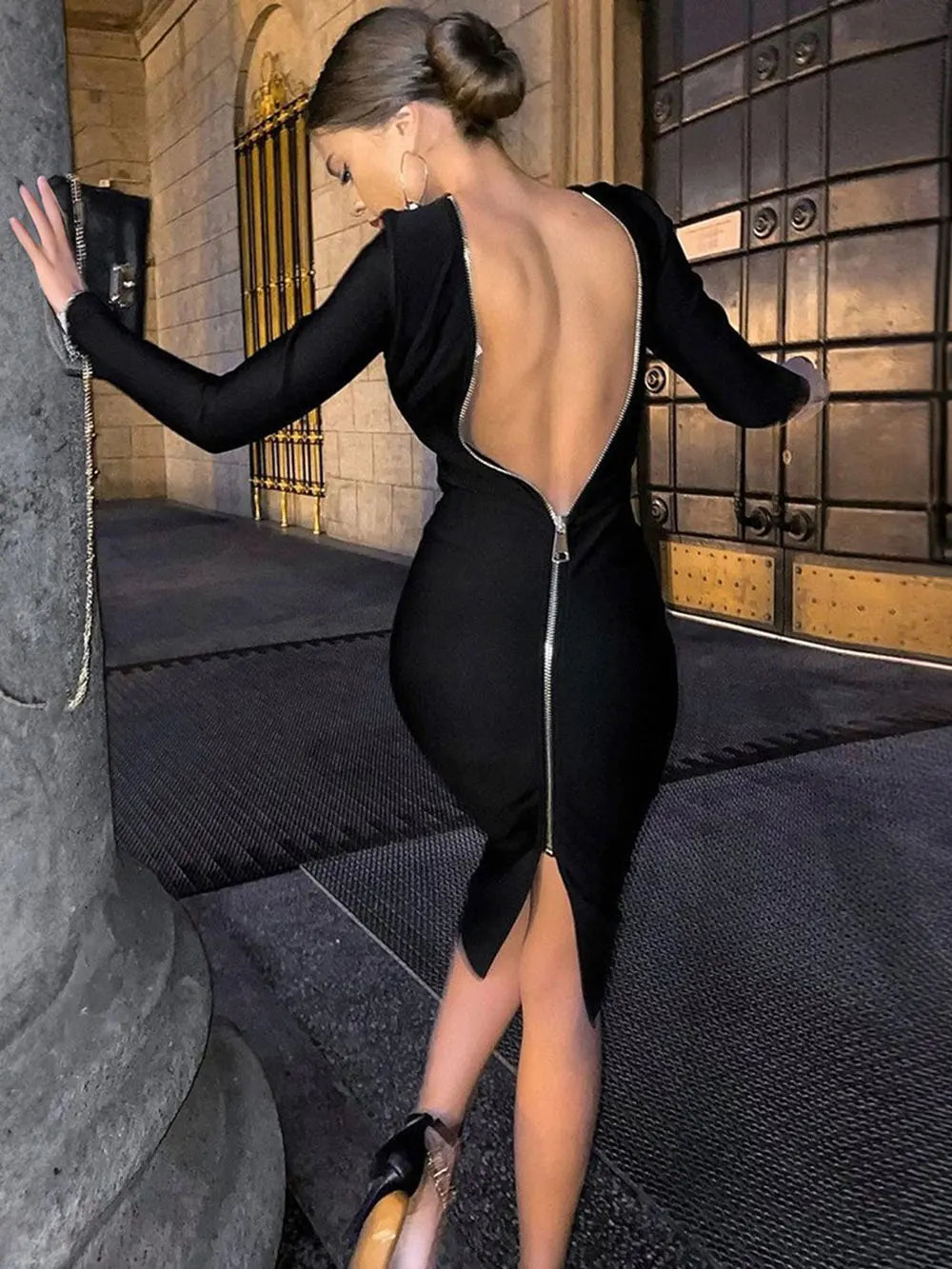 2024 Sexy Women's Dress Front and Back Wearable O-neck Long sleeved Bodycon Zipper Design Midi Dresses  Evening Party Vestidos