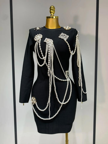 Luxury Birthday Dress Women Beading Diamond Black Bodycone Bandage Wrapped Hip Dress Elegant Long Sleeves Evening Party Gown