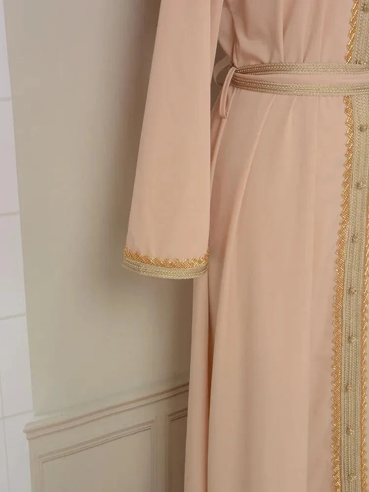 Long Dress For Prom V-neck Women Abaya Muslim Robe Gold Beaded Lace Simple Fashion Dress with Belt Casual Dubai Arab Kaftan