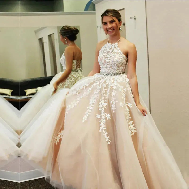 Boho Lace Wedding Dress For Women Sleeveless Halter Bridal Gown Vestido De Novia Bride Party Customi Whole Light Ivory Boho