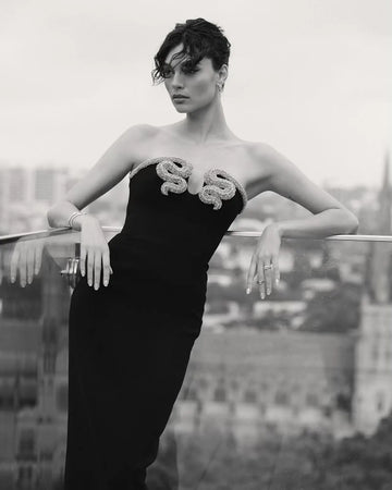 Shining Diamonds V-Neck Strapless Black Long Bandage Dress Elegant Woman Evening Party Dress Cocktail Party Outfit