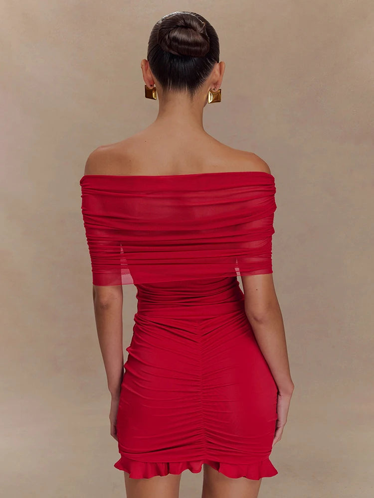 VC Charming Red Off-Shoulder Dress with Ruched Details for Elegant Dinner Party Evening Gown