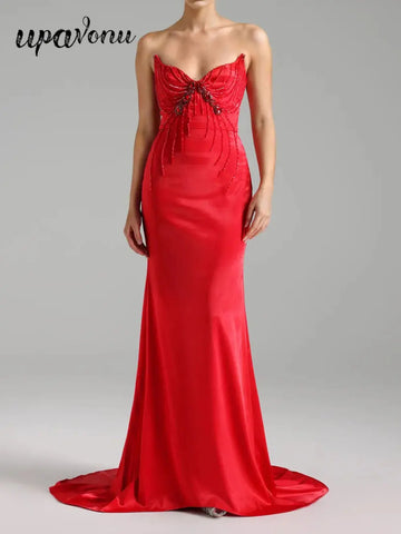 2025 Sexy Women'S Light Luxury Nail Bead Design Tailcoat And Floor Dress Strapless Sleeveless Bodycon Backless Marx Red Dresses