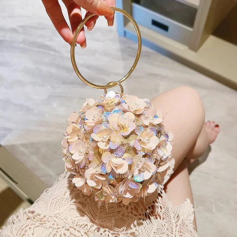 Mini Sequin Flower Evening Bag, Elegant Dinner Clutch Purse, Formal Round Banquet Handbag For Wedding Party Prom Pink