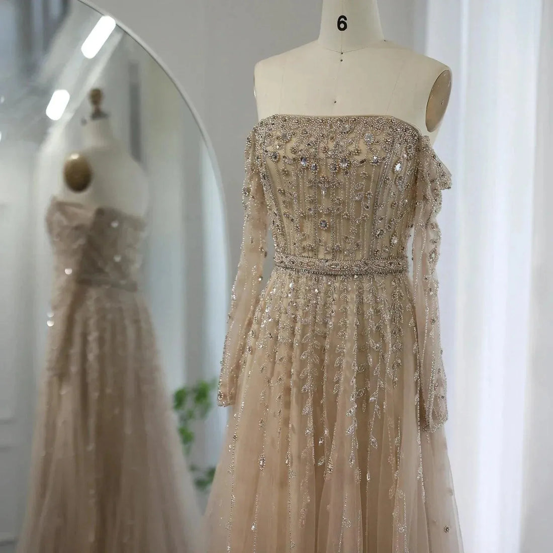 Luxury Dubai Nude Evening Dress Elegant Off Shoulder Long Sleeves Arabic Lilac Women Wedding Pary Gowns Evening Dress