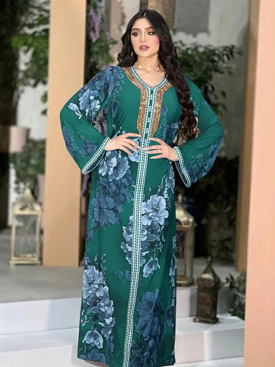 Abaya Women Dubai Retro Ethnic Printing Diamonds V-Neck Full Sleeve Clothing Loose Casual Muslim Arab Female Long Dress Green Dress