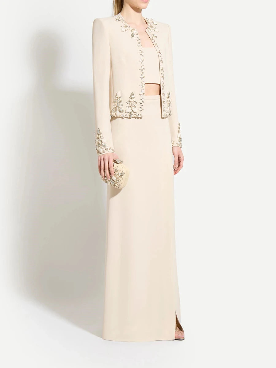 TWOTWINSTYLE Solid Slimming Two Piece Sets for Women Round Neck Long Sleeves Patchwork Bead Top High Waist Split Skirt Female