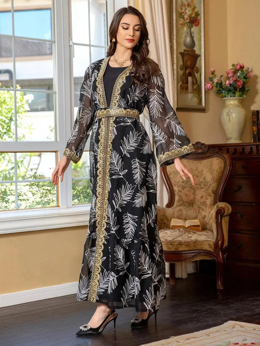 Arab Dubai Galabia Muslim Women Sets Black Sleeveless Under Dress And Gold Tape Belted Embroidery Sequins Kimono Abayas Black Dress Set