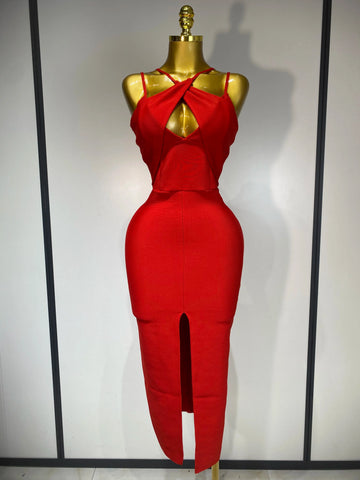 Women Sexy Sleeveless Hollow out Split Backless Red Midi Bandage Dress  Celebrity Elegant Evening Luxury Birthday Dresses