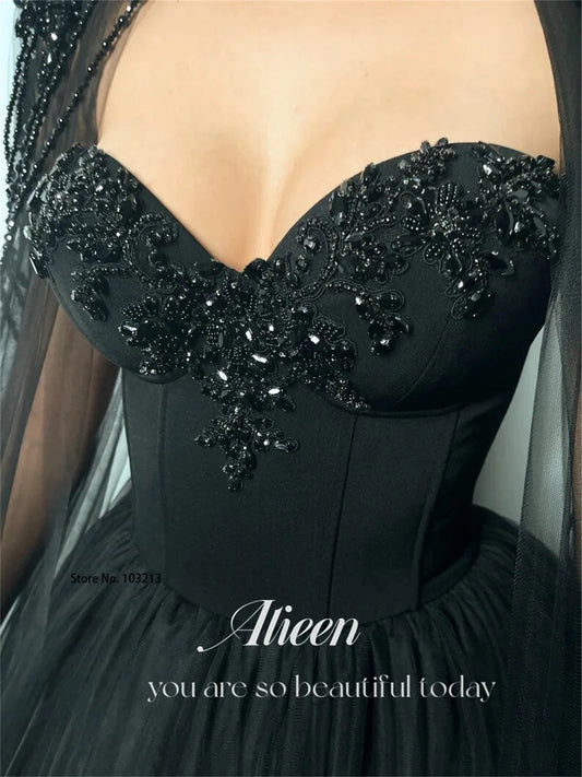 Vestido De Novia gótico negro con cuentas, Vestido De fiesta con manga tipo capa, Vestido Sexy De corte en A, Vestido De graduación con encaje bordado, escote en forma De corazón