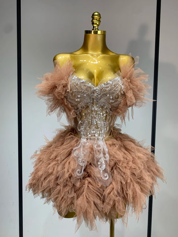 Women Sexy Strapless Two Pieces Set Prom Gown Mini Dress Celebrate Nightclub Party Performance Costume Singer Stage Wear