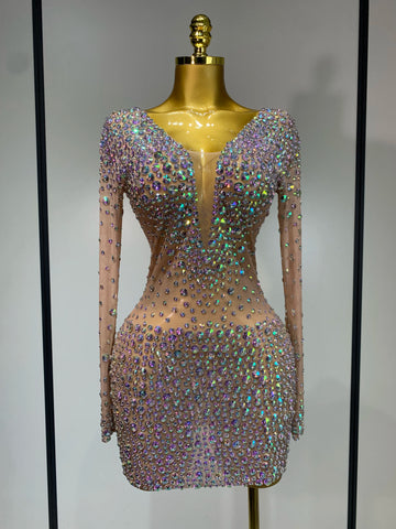 Sparkly Luxury Rhinestones Colourful Mini Dress Women Sexy Mesh See Through Birthday Performance Costume Dancer Stage Wear