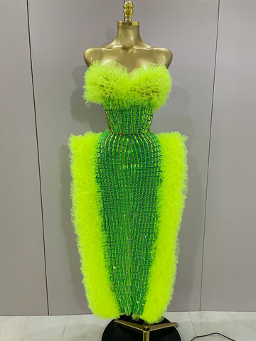 Sparkly Rhinestone Sexy Strapless Tops Skirt 2 PCS Set  Women Celebrate Evening Prom Birthday Dress Nightclub Stage Outfit