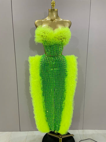 Sparkly Rhinestone Sexy Strapless Tops Skirt 2 PCS Set 2025 Women Celebrate Evening Prom Birthday Dress Nightclub Stage Outfit