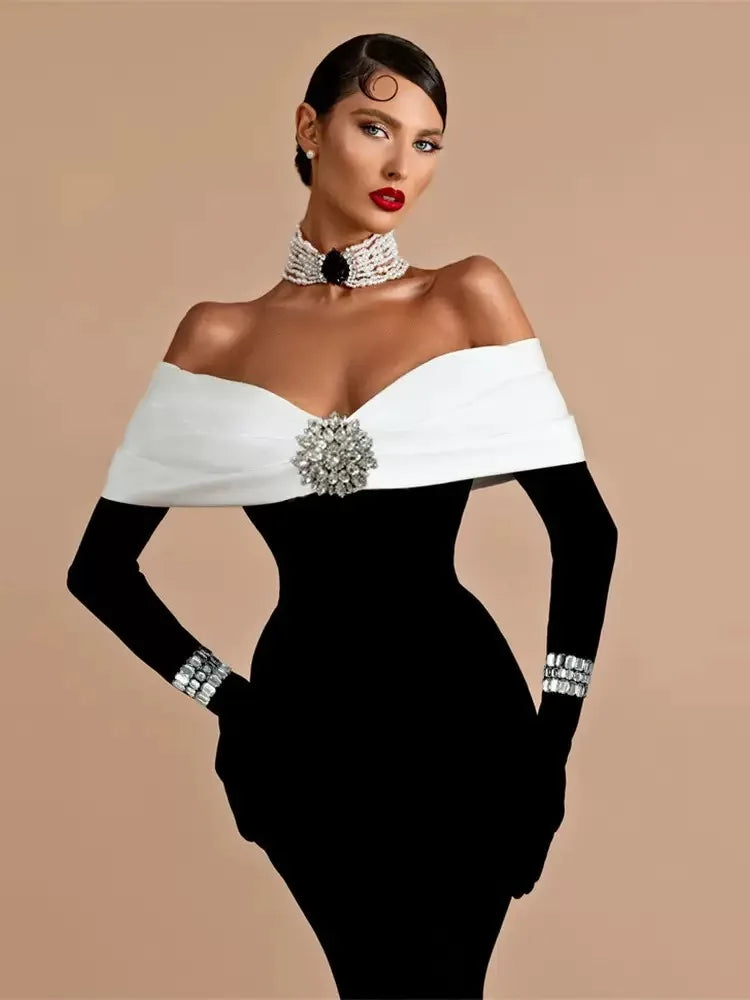 Sexy Off The Shoulder Luxury Diamonds White Patchwork Black Long Bandage Dress Elegant Woman Party Dress Wedding Party  Vestido
