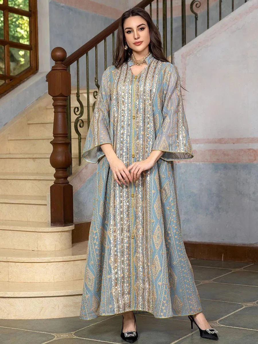 Dubai Fashion Sequins Embroidery Abaya Chic And Elegant Women Evening Dress Long Sleeve Notched V-Neck Casual Robe 2024 Yellow Dress