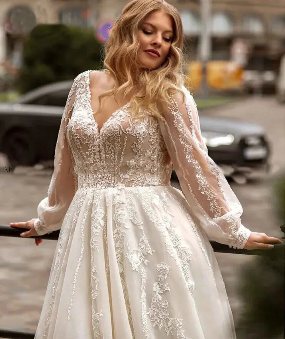 Gorgeous A-line Plus Size Wedding Dresses Tulle Long Sleeve Bridal Gown Sweep Train Oversize Bride Dress Robe de Mariee Ivory Plus Size