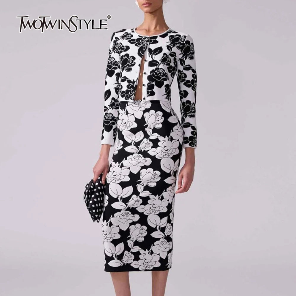 Hit Color Printing Two Piece Sets for Women Round Neck Long Sleeve Patchwork Button Top High Waist Skirt Set Female