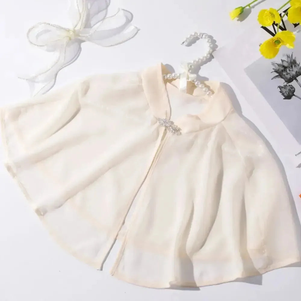 Korean Solid Chiffon Sunscreen Shawl Summer Sun Protection Clothing Wedding Dress Rhinestone Buckle Womens Cape Blouse Cloak white