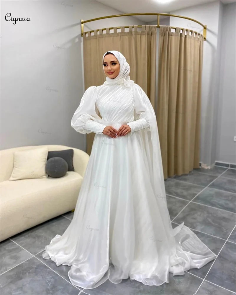 Vestido de novia musulmán con hijab de corte A para novia, color blanco roto, Abaya, vestido de novia, manga larga, vestido de boda