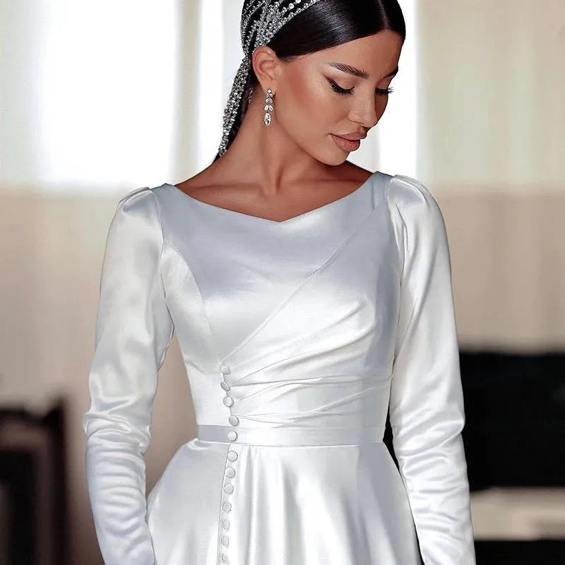 Muslim Wedding Dress Satin A Line Long Sleeve White Bridal Dress vestidos de novia Princess Wedding Gowns Plus Size White Satin